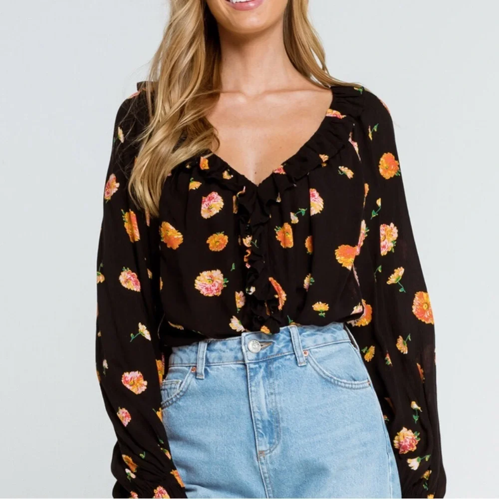 Free People Poppy Printed Black Combo Bodysuit